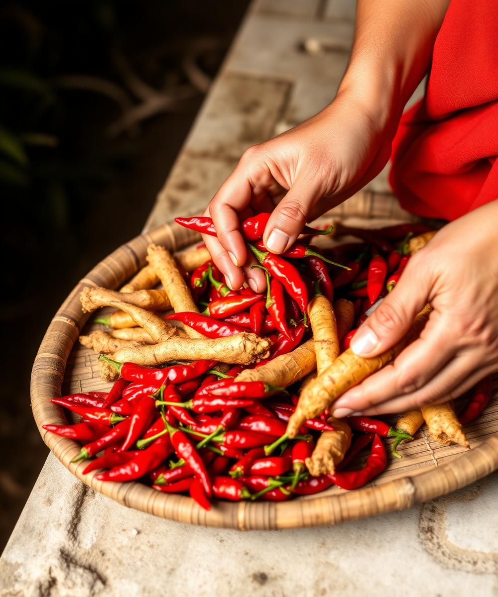 Fresh red chilies being hand-sorted